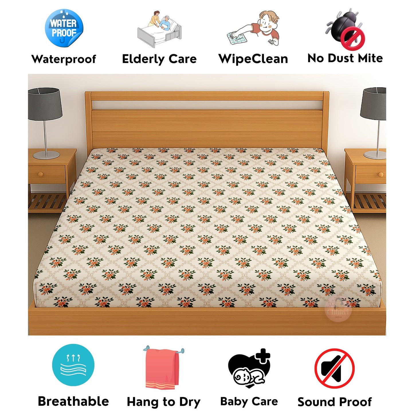 CHHAVI INDIA 210 TC Microfiber Waterproof Printed Fitted (Elastic) Bedsheet