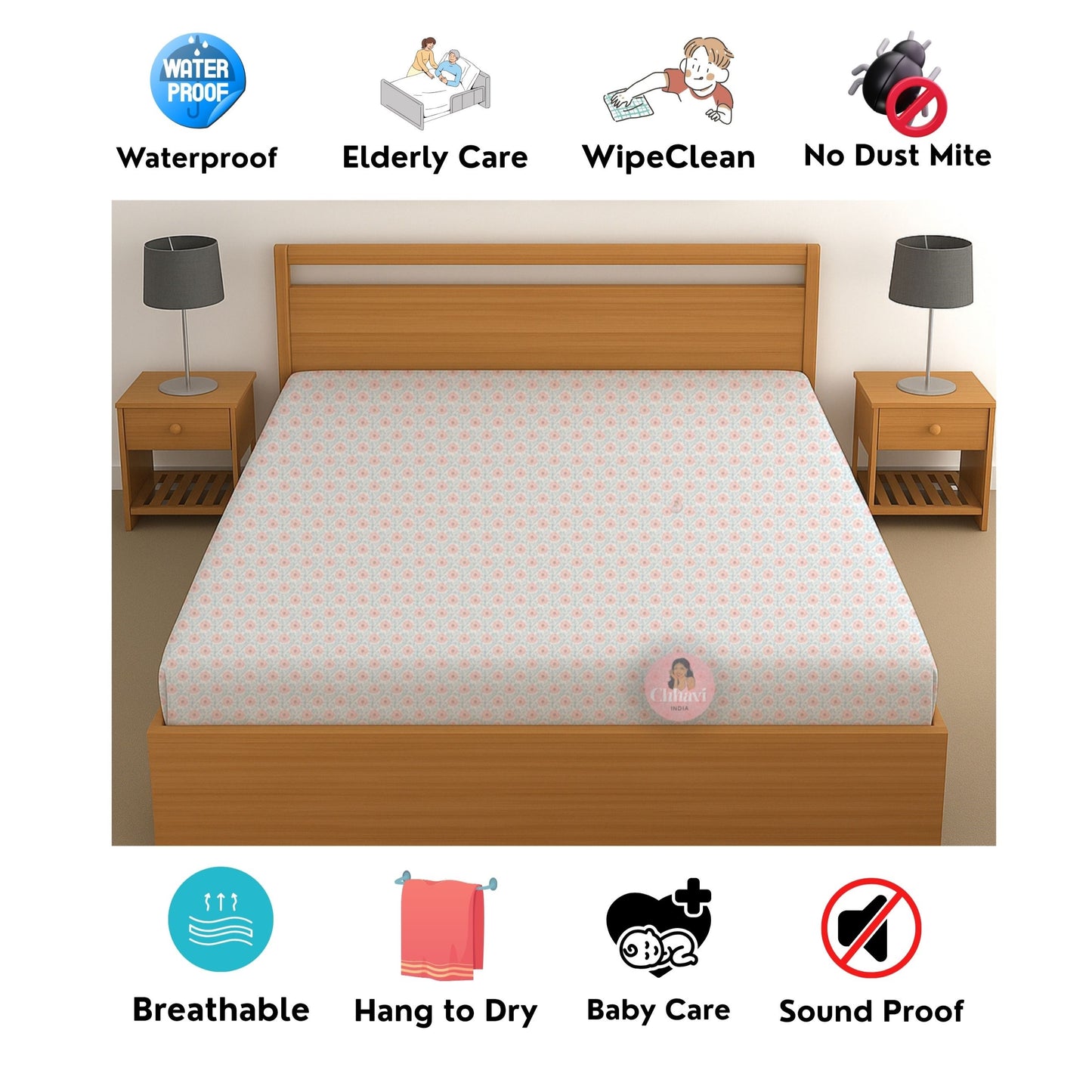 CHHAVI INDIA 210 TC Microfiber Waterproof Printed Fitted (Elastic) Bedsheet