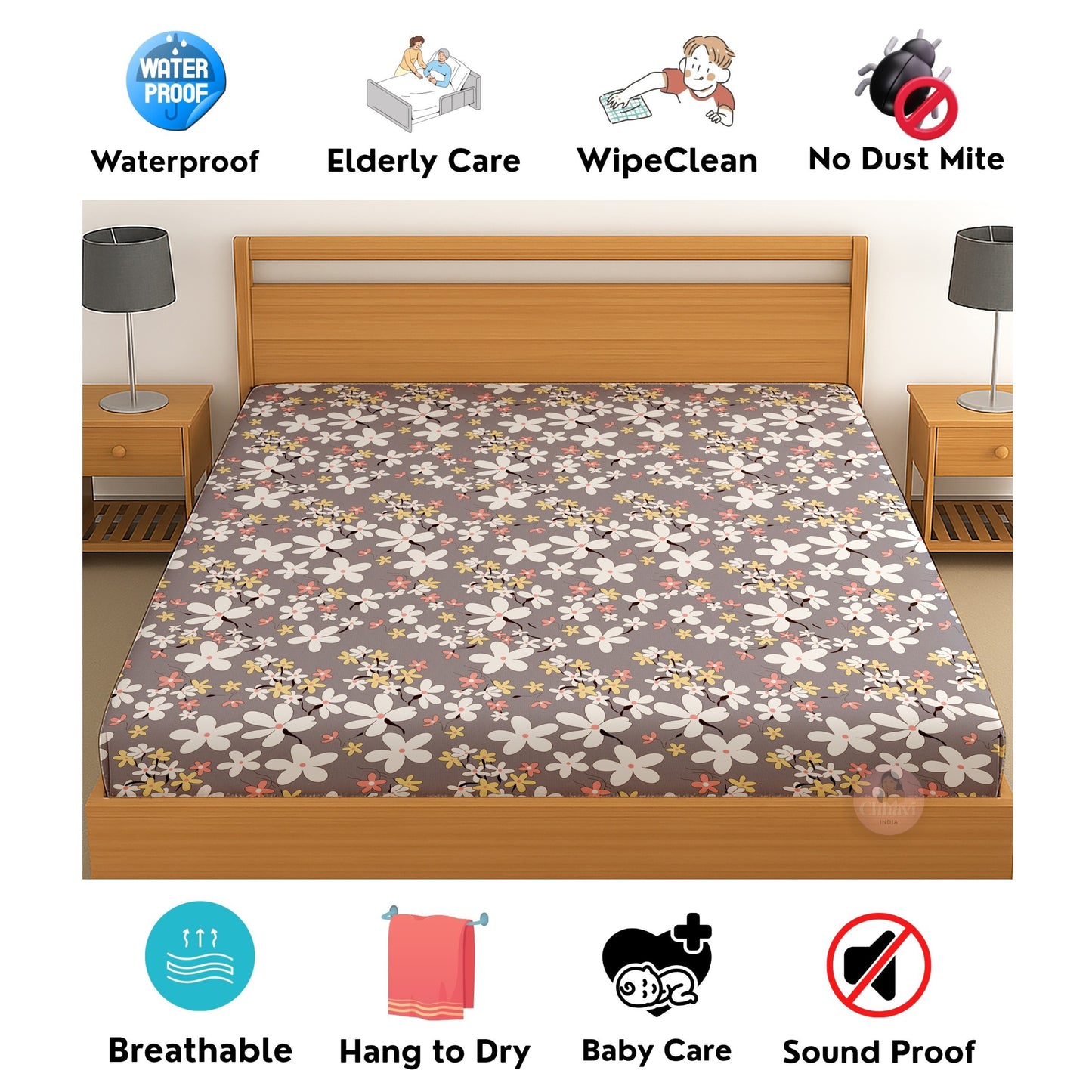 CHHAVI INDIA 210 TC Microfiber Waterproof Printed Fitted (Elastic) Bedsheet