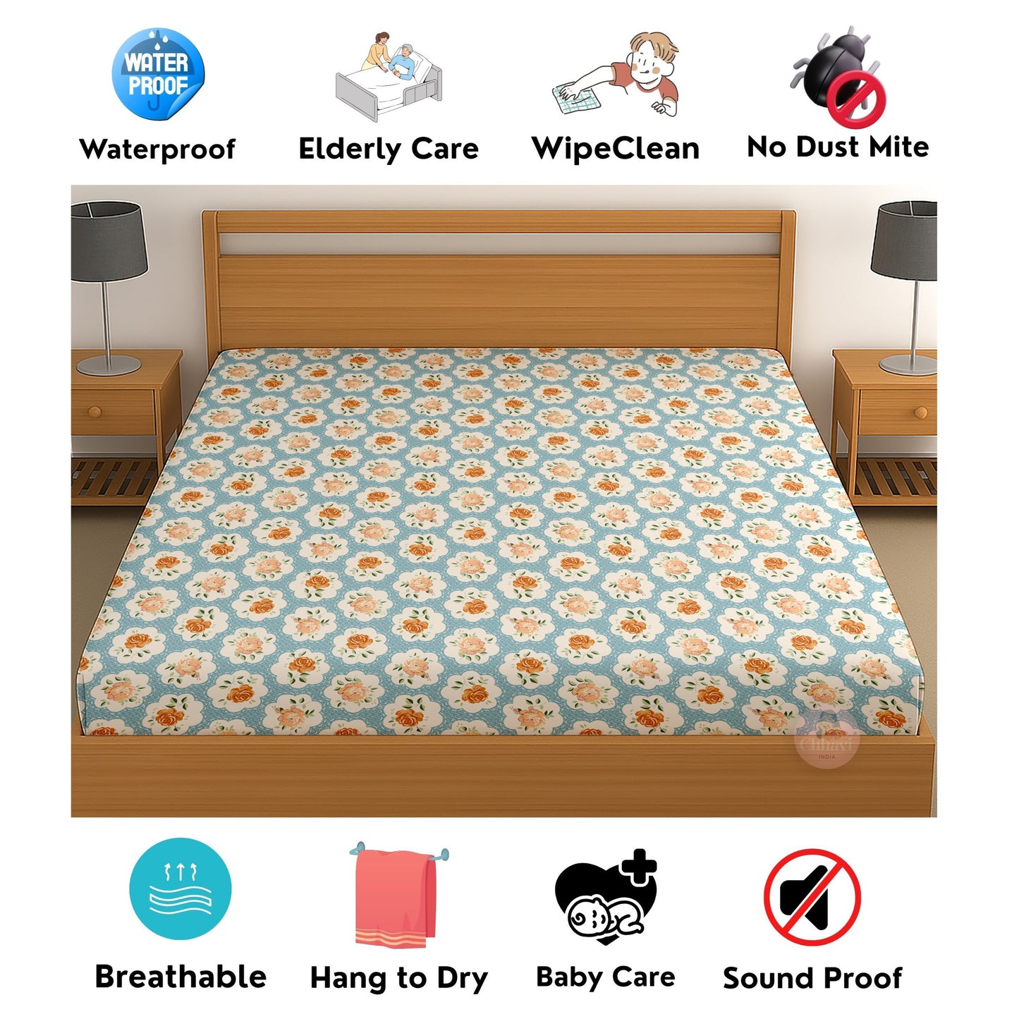 CHHAVI INDIA 210 TC Microfiber Waterproof Printed Fitted (Elastic) Bedsheet