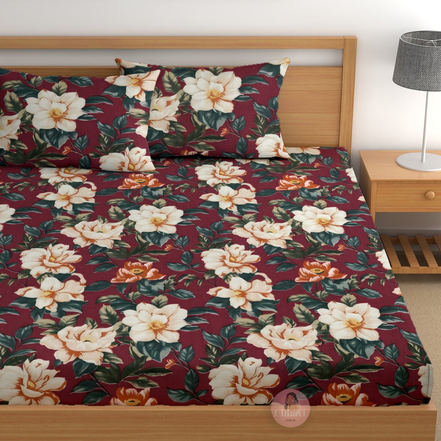 CHHAVI INDIA 210 TC Microfiber Double Fitted  Size Printed Bedsheet with pillow covers