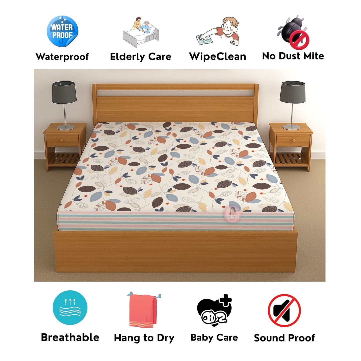 CHHAVI INDIA 210 TC Microfiber Waterproof Printed Fitted (Elastic) Bedsheet