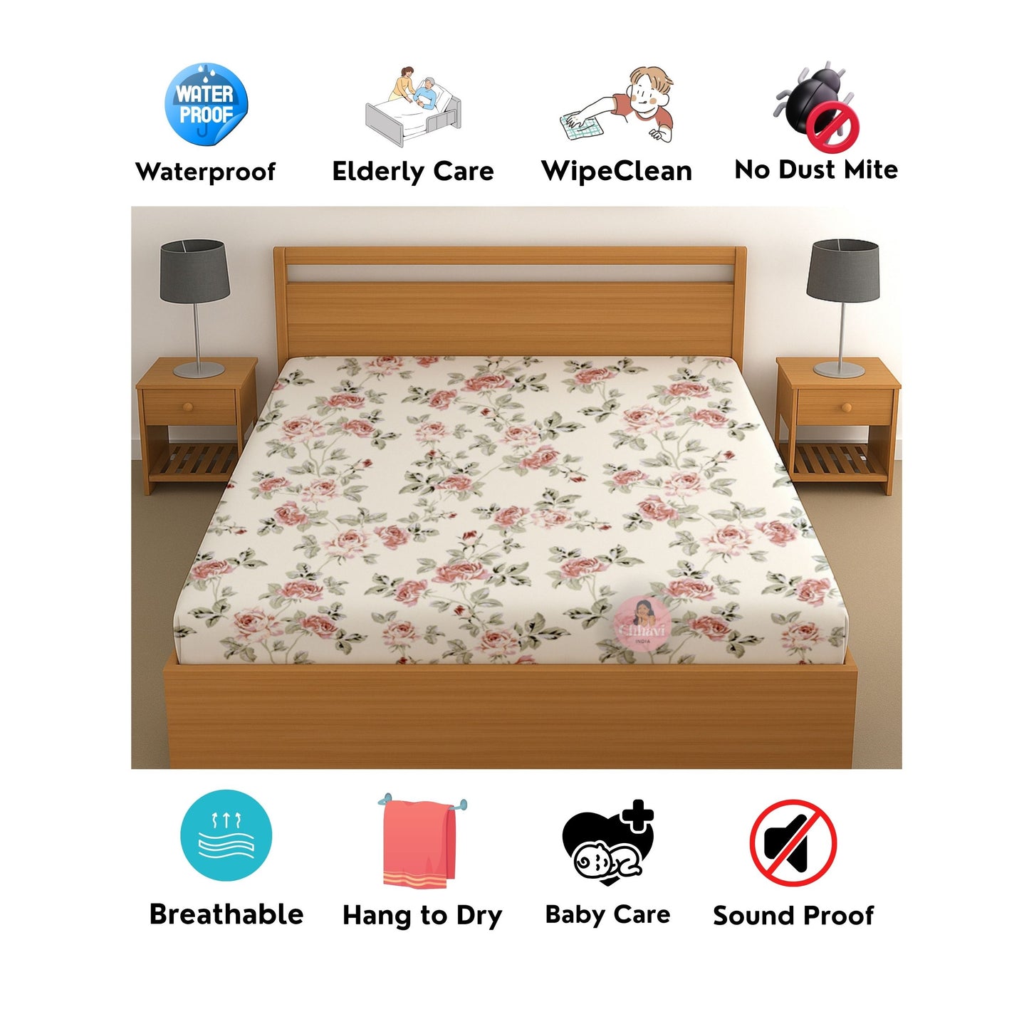 CHHAVI INDIA 210 TC Microfiber Waterproof Printed Fitted (Elastic) Bedsheet