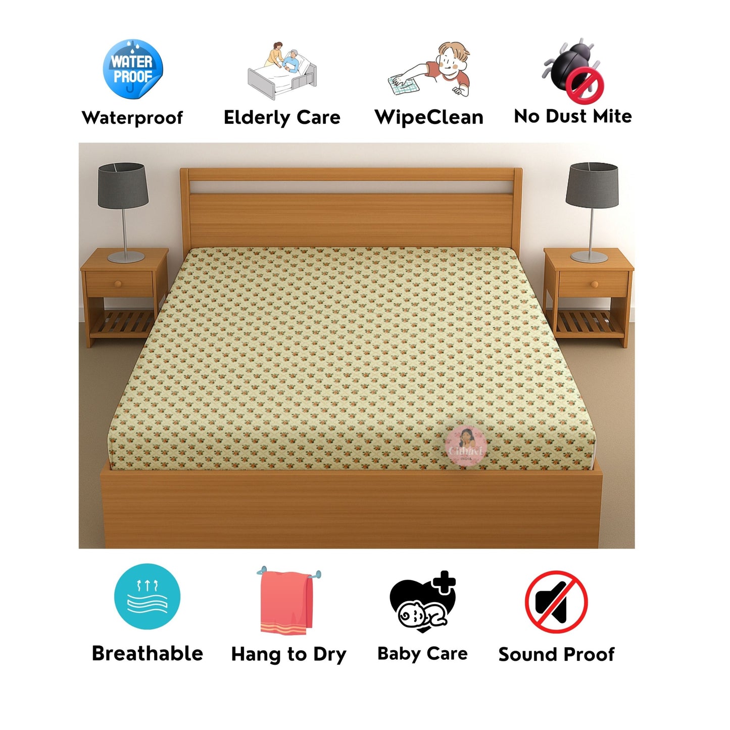 CHHAVI INDIA 210 TC Microfiber Waterproof Printed Fitted (Elastic) Bedsheet