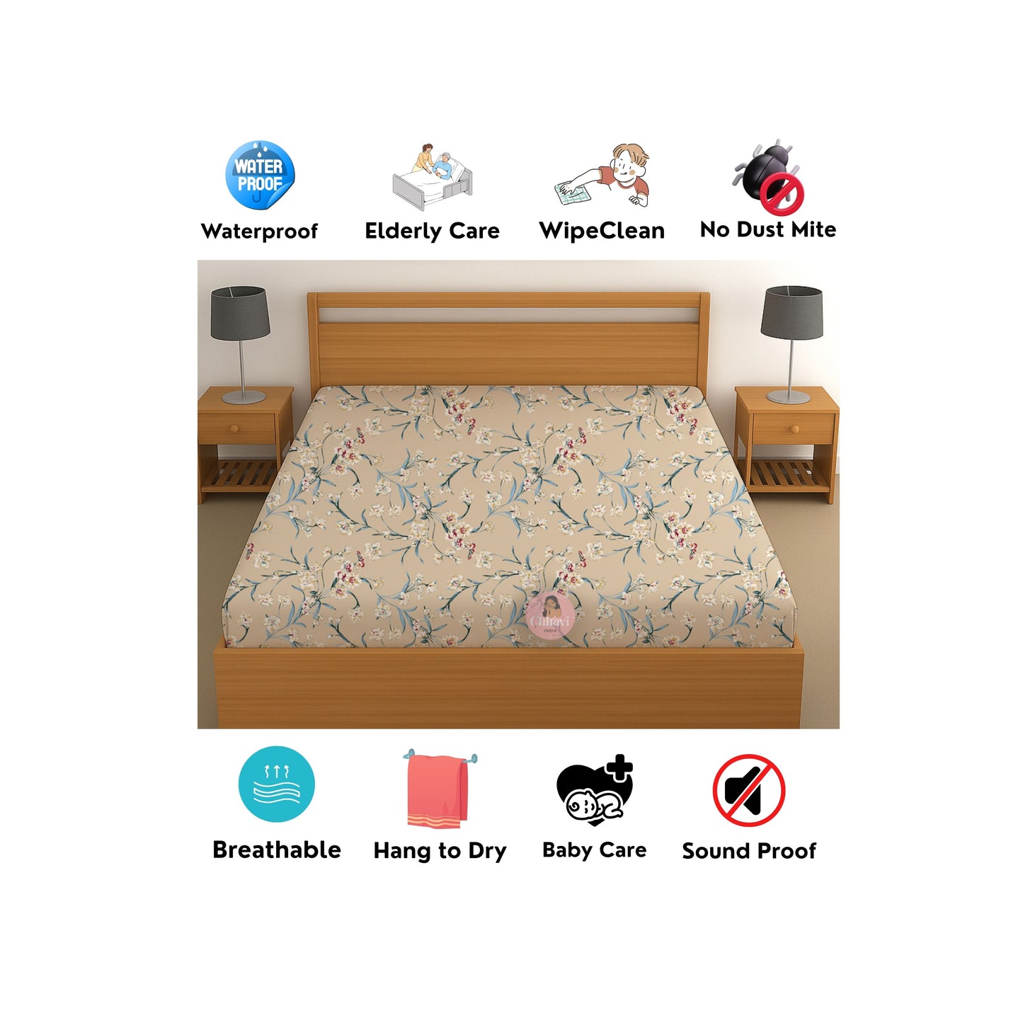 CHHAVI INDIA 210 TC Microfiber Waterproof Printed Fitted (Elastic) Bedsheet